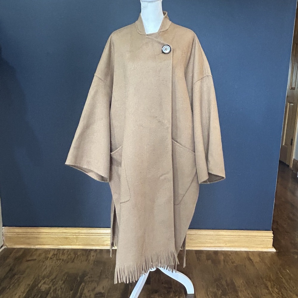 Zara Camel Wool Blend Oversized Coat Women's M Fringe Cape Shawl Pockets